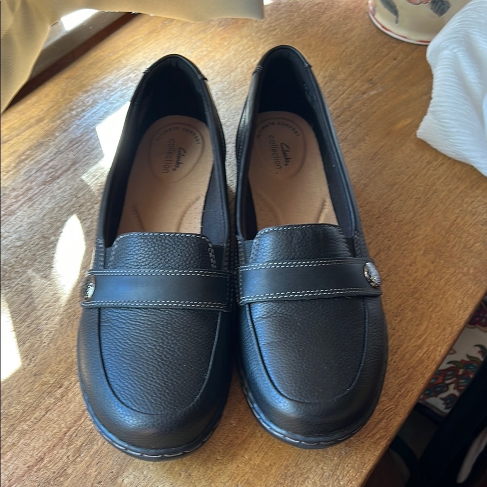 Clarks Black Leather Penny Loafers Flats